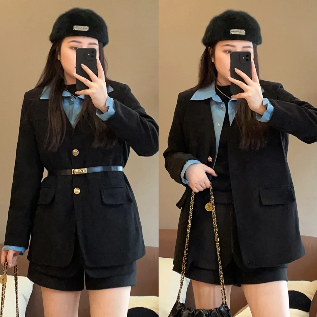 【现货】设计款拼色假两件保暖羽绒西装外套秋冬微胖显瘦P224X20389