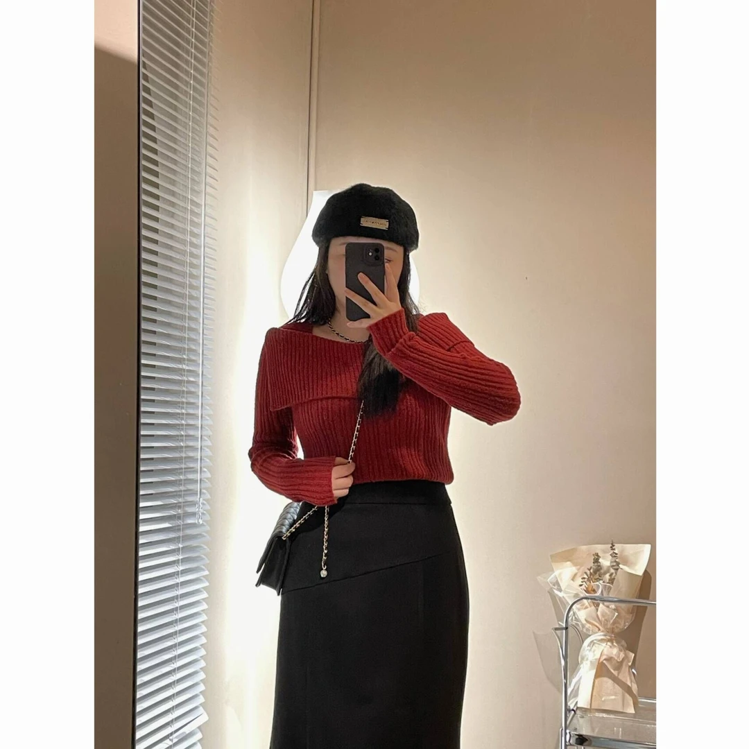 【清清价】时尚酒红色气质针织衫秋冬微胖遮肉显瘦百搭M23X08567