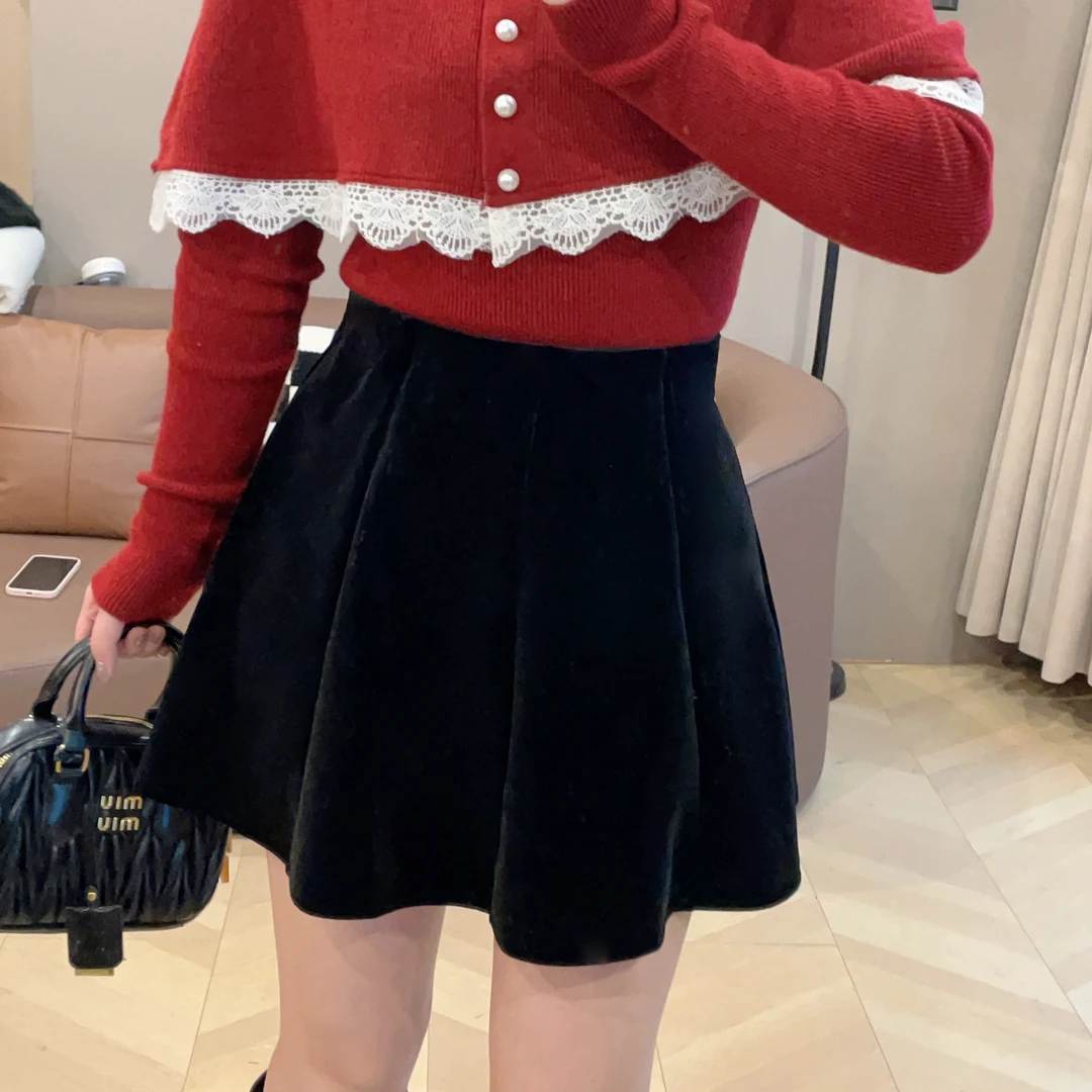 【现货】洋气百搭高腰A字丝绒短裙秋冬微胖显瘦通勤伞裙P224X21255