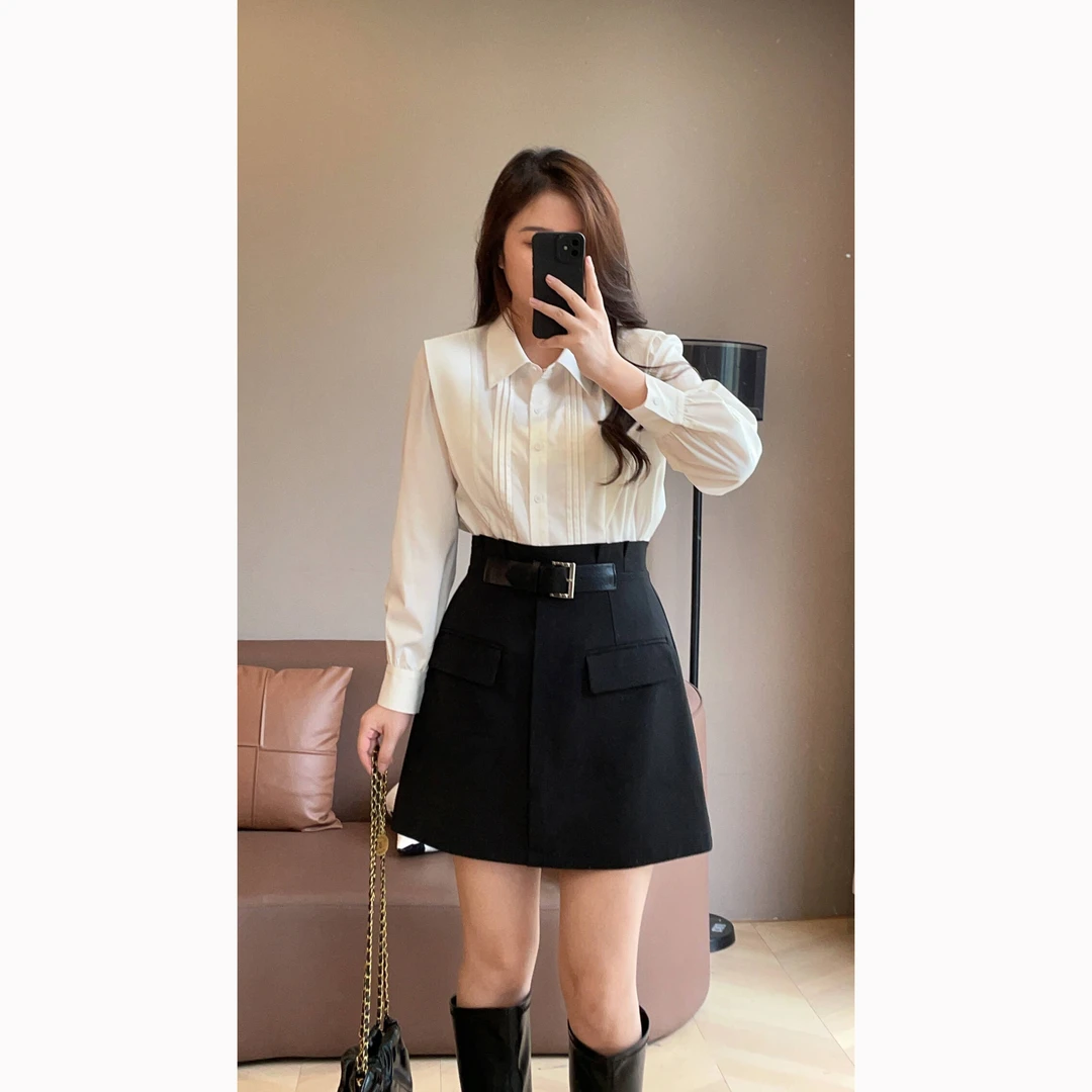 【现货】轻职风时尚压褶正肩显瘦衬衫秋季微胖百搭半裙P224C11970