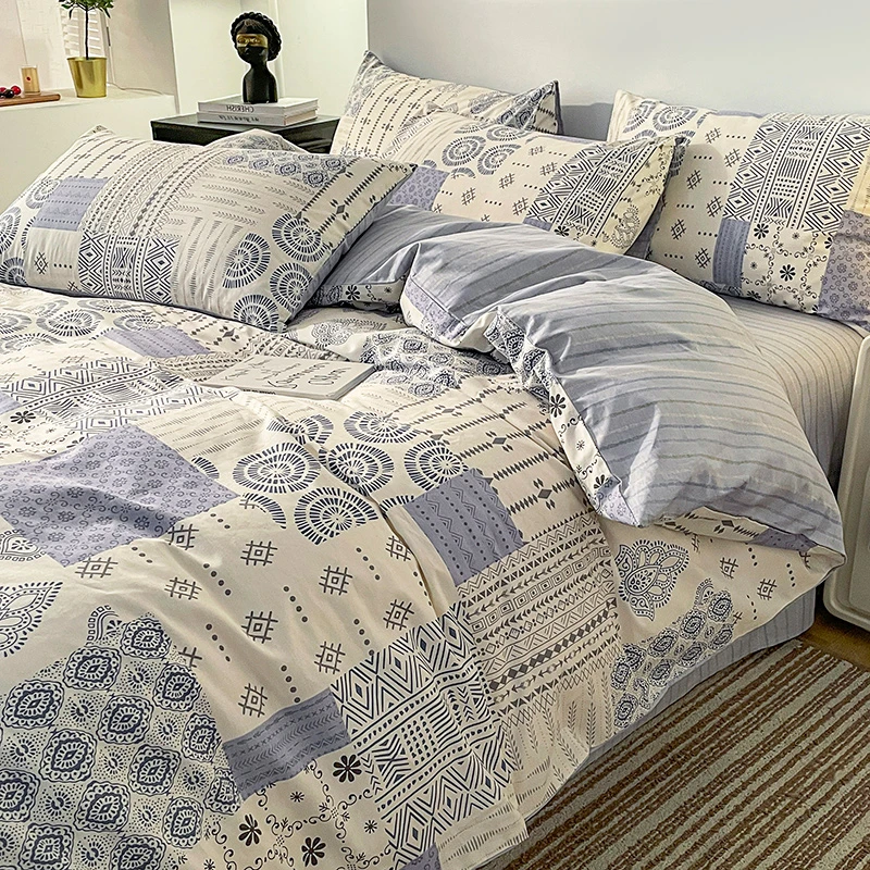 全棉印花四件套北欧风纯棉被套床单床品床笠款宿舍三件套