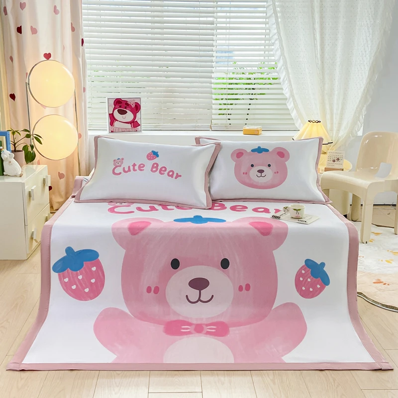 夏季牛奶冰丝凉席三件套透气印花卡通可水洗学生宿舍席子