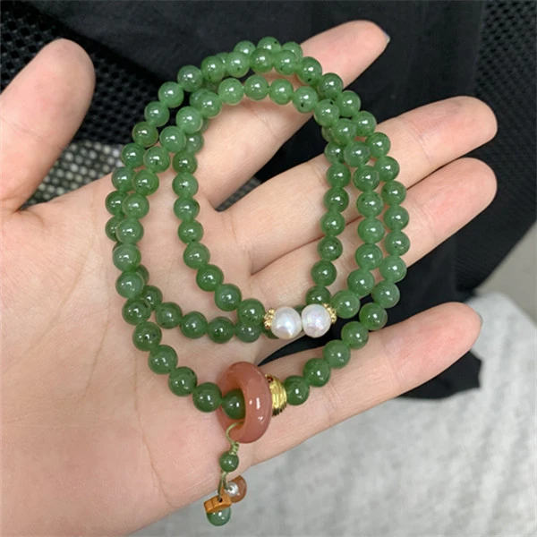 天然精品和田玉冰底碧玉果绿色猕猴桃手链手串三圈设计款