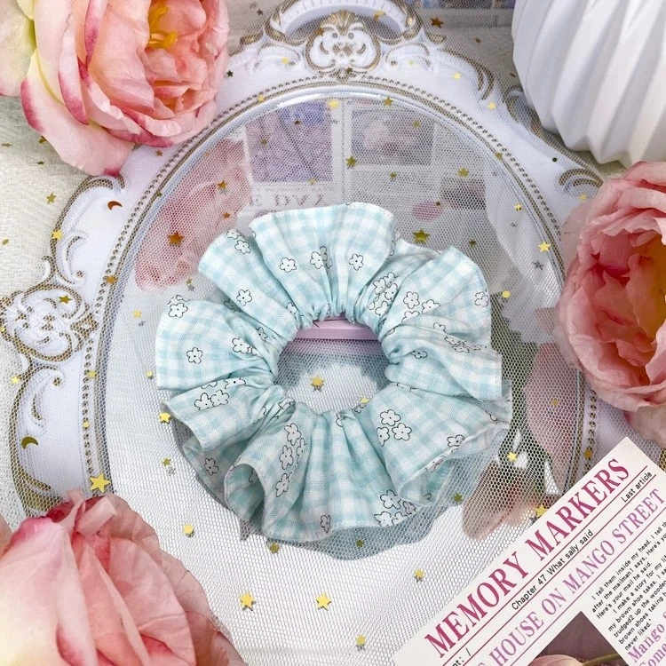 元素少女清新小碎花发圈手工原创甜美绿色格子大肠圈气质多褶夏