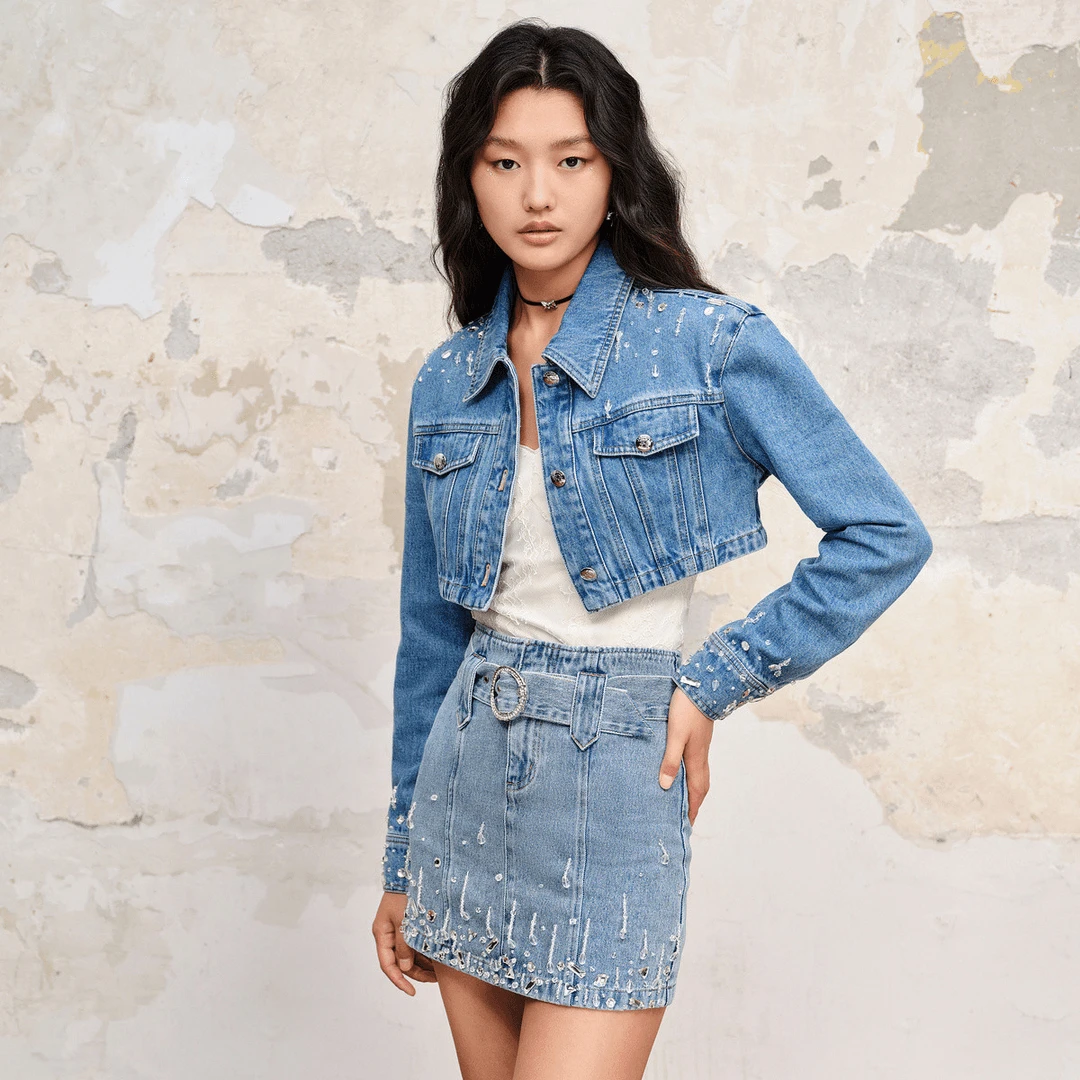 MAXRIENY精致复古截短钉珠宽肩截短短款百搭牛仔外套上衣