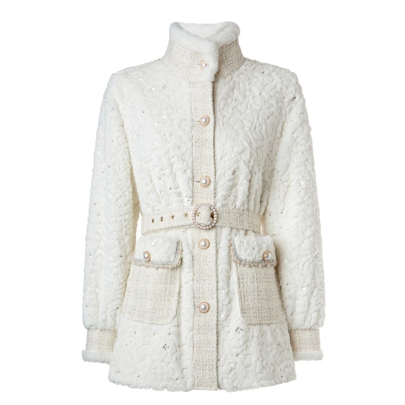 米白色亮片皮毛绒外套宽松加厚冬季小香风女装