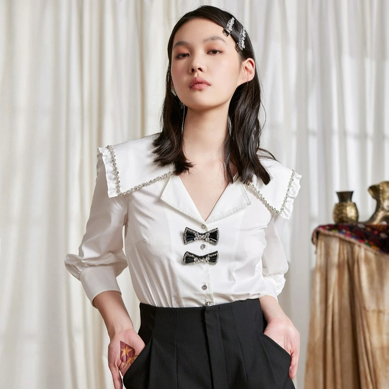 MAXRIENY七分袖蝴蝶结衬衣女2022夏设计感白衬衫宽松