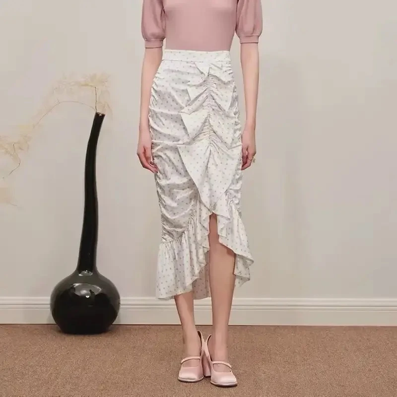 MAXRIENY时尚波点荷叶边装饰鱼尾半裙沙滩女款夏季高腰碎花半身裙