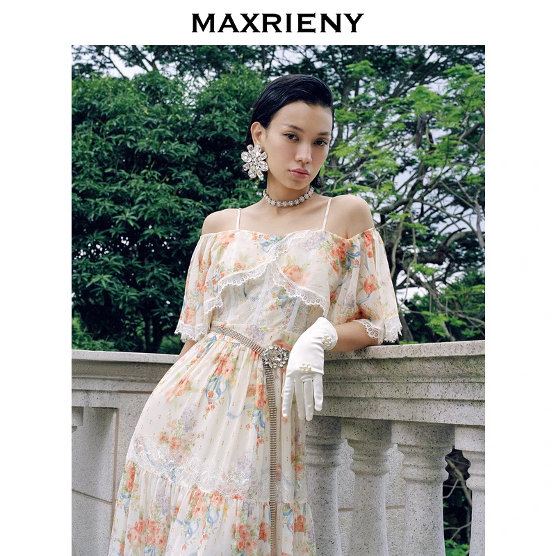 【商场同款】MAXRIENY2022吊带一字肩度假风连衣裙裙子