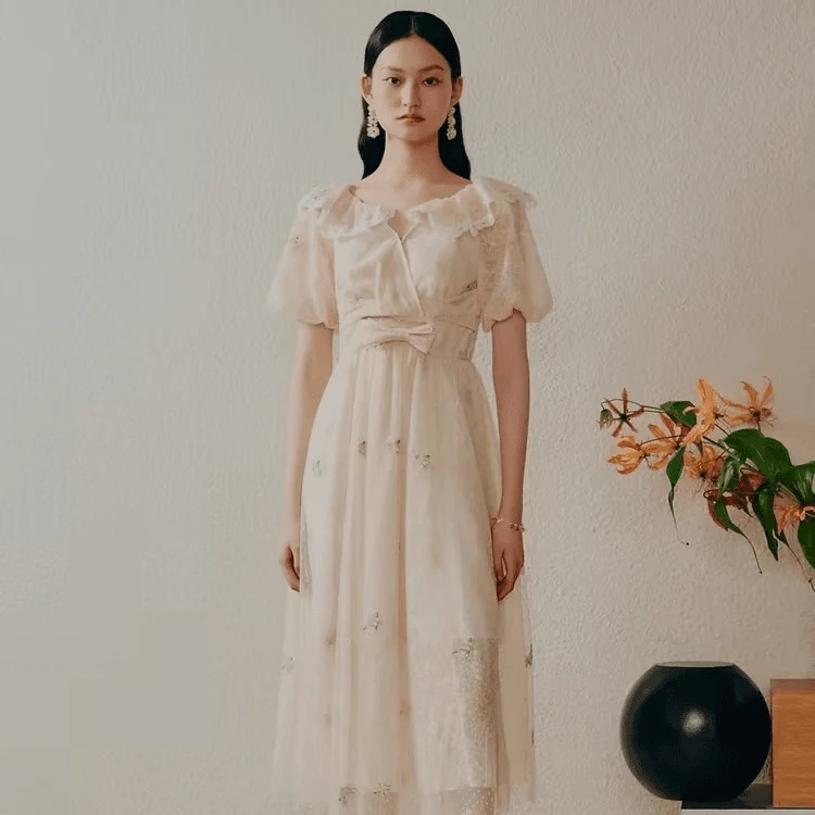 MAXRIENY风茶歇裙网纱摆裙法式气质衬衫拼接连衣连衣裙白色裙子
