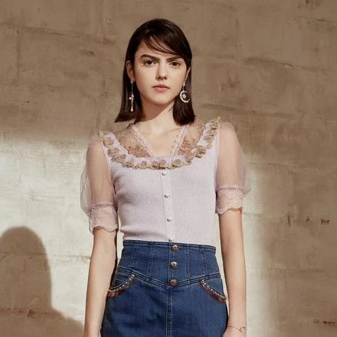 MAXRIENY泡泡袖宫廷针织衫夏季女士短袖V领毛衫洋气上衣