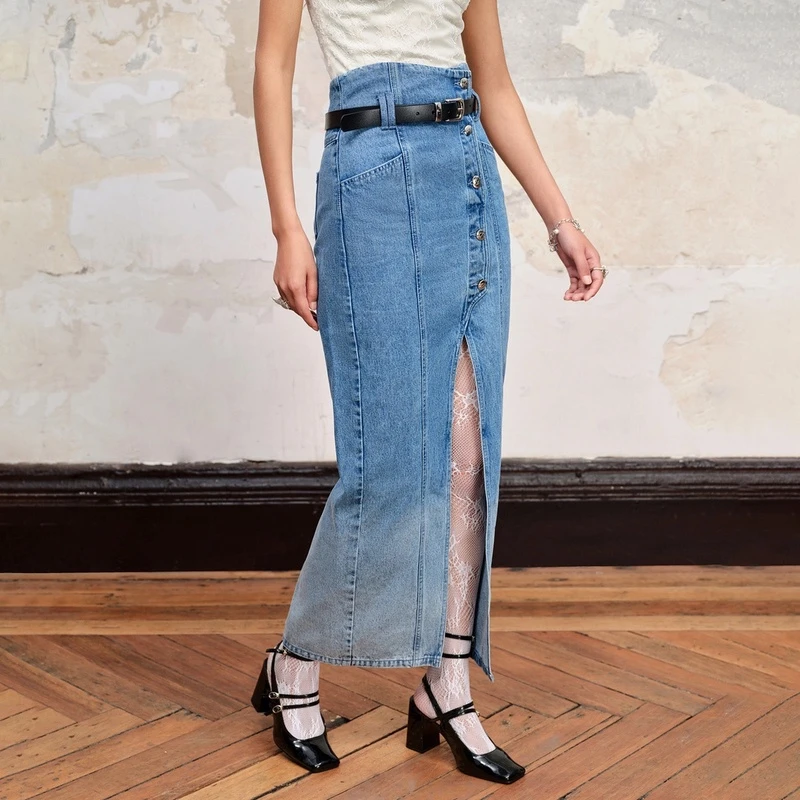 MAXRIENY高腰斜开叉长款百搭牛仔长裙早秋小众设计感半裙