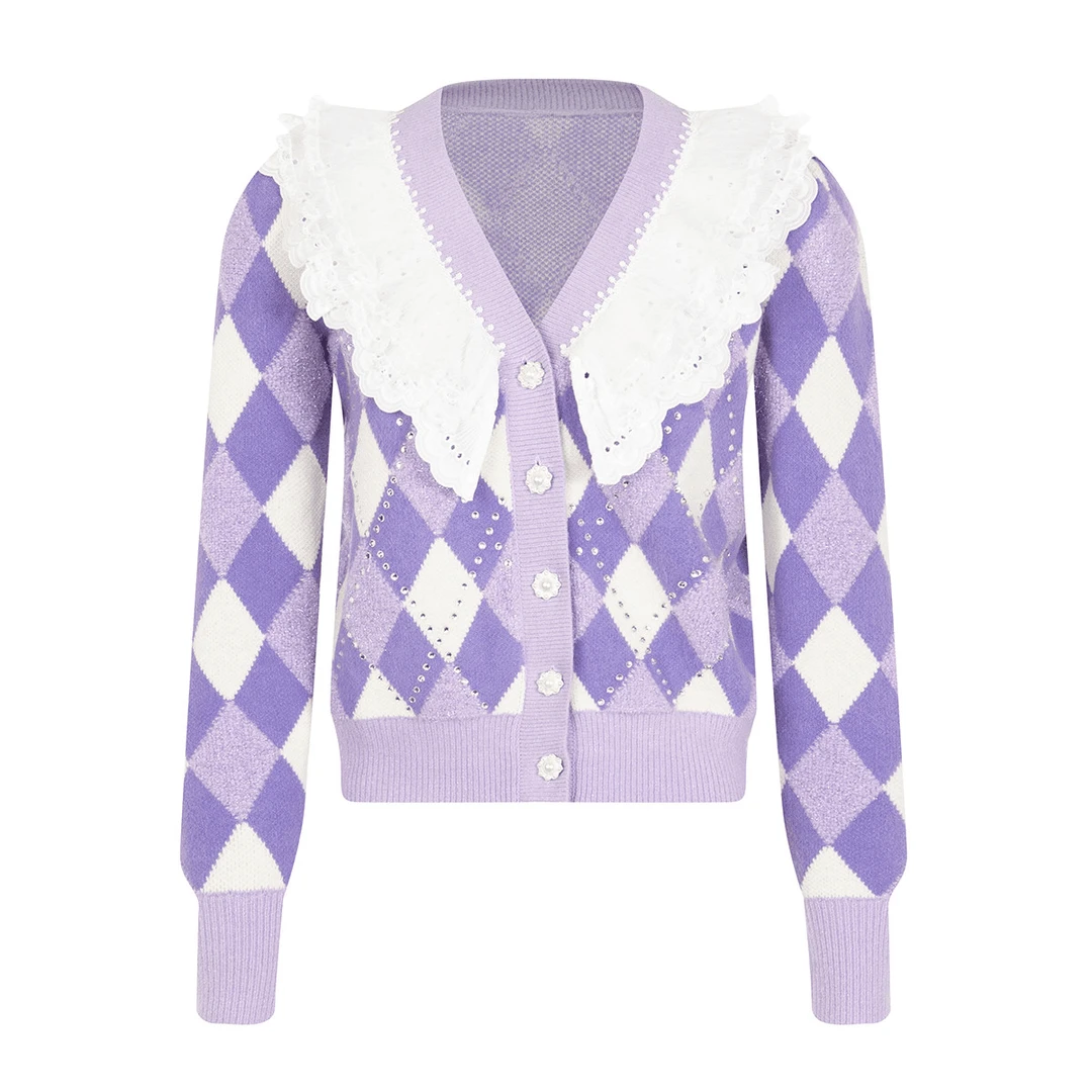 MAXRIENY绣花领紫菱格毛衫针织衫冬装毛衣女长袖针织衫印花提花