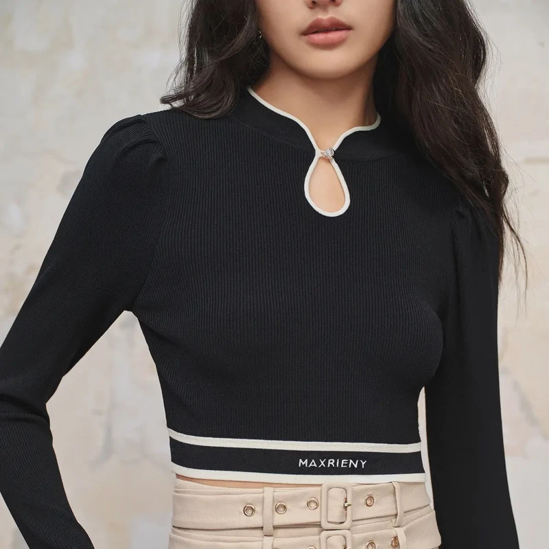 MAXRIENY新中式立领截短撞色边国风套头黑色气质时尚显瘦针织上衣