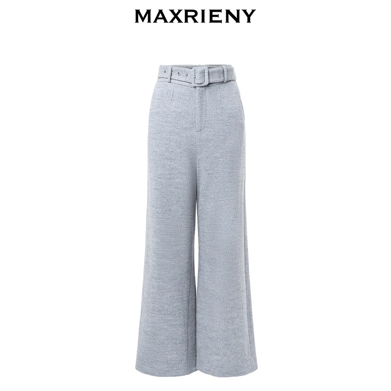 MAXRIENY2023极简通勤灰色高腰休闲裤