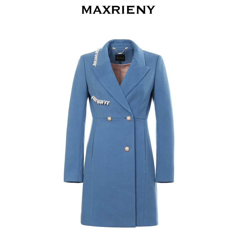 MAXRIENY西装连衣裙式外套冬季双排扣大衣长款蓝色气质高端时尚