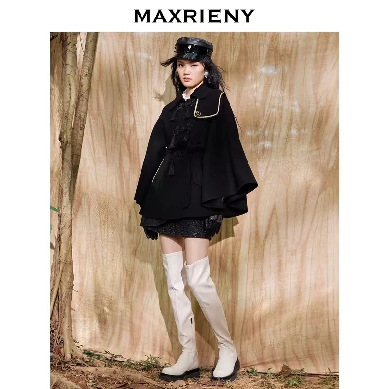 MAXRIENY新中式盘扣双面呢斗篷冬季欧式复古感大衣女