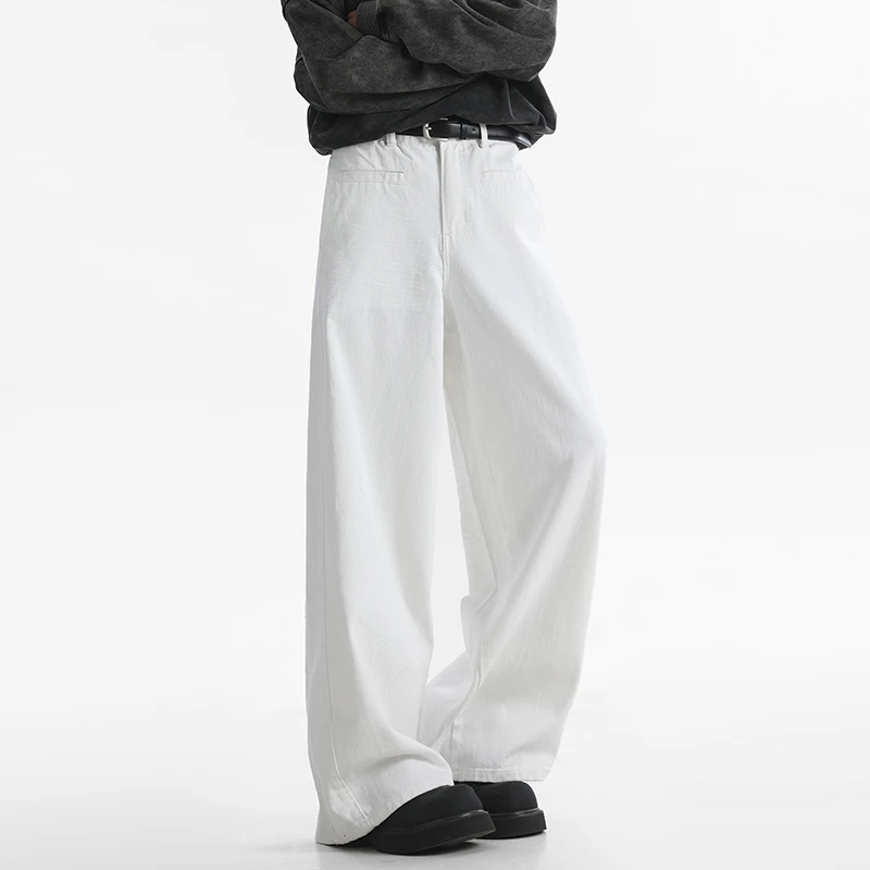 白色压皱宽松直筒简约牛仔裤男女同款款