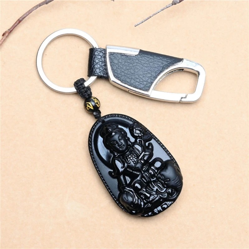 天然黑曜石八大守护神普贤菩萨钥匙扣生肖商务挂件安岁礼物