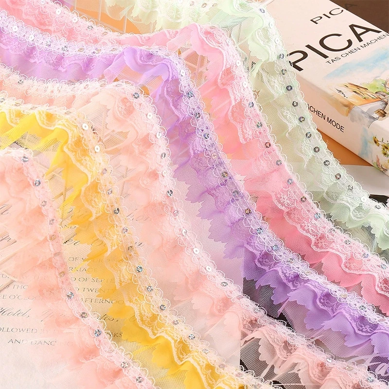 精品亮片双层5cm雪纺纱压花蕾丝网纱褶皱花边DIY手工制作辅料配饰