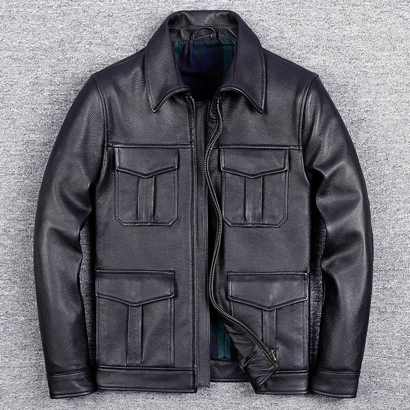 猎装头层牛皮皮衣男士翻领皮修身帅气夹克外套