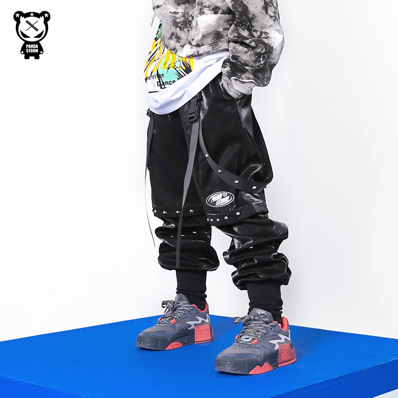 少儿童街舞走秀潮牌架子鼓hiphop亮面工装裤束脚长裤男女童演出服