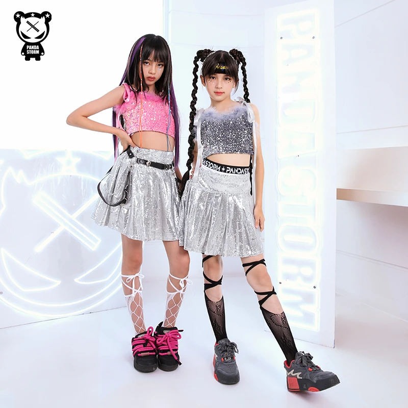 少儿童街舞走秀爵士舞hiphop甜美女童亮片背心百褶裙演出服套装潮