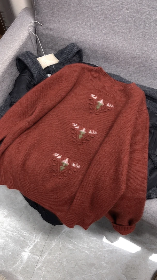韩系高品暖绒复古红提花毛衣9017