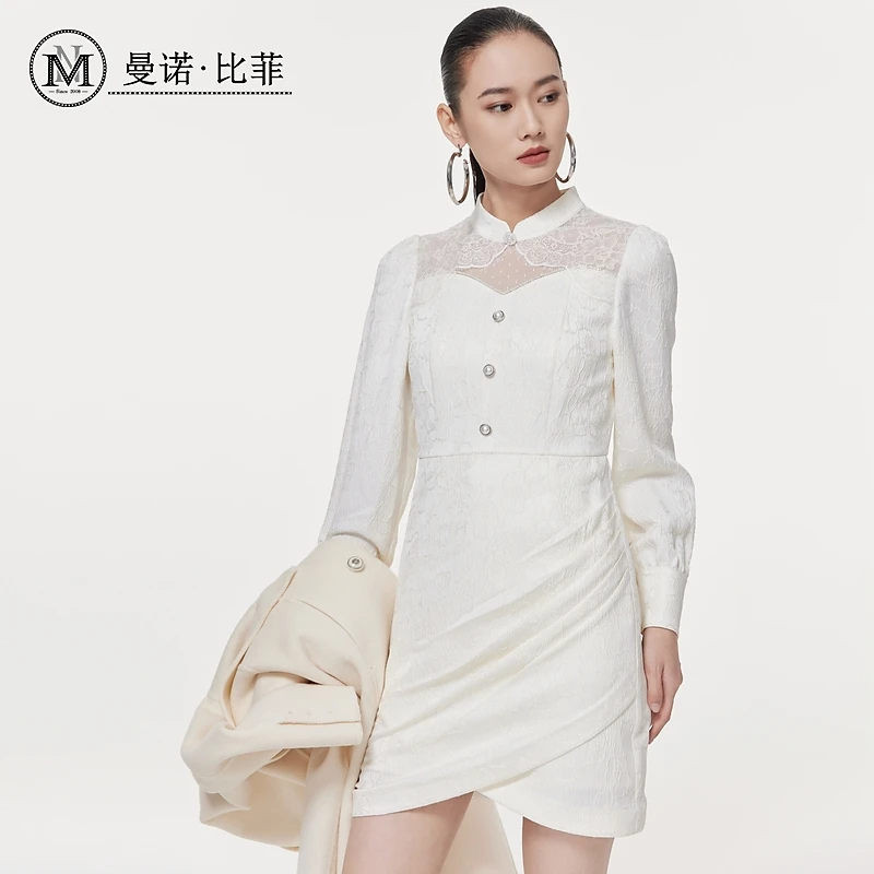 曼诺比菲冬季商场同款网纱蕾丝连衣裙女不规则设计MEEL142067