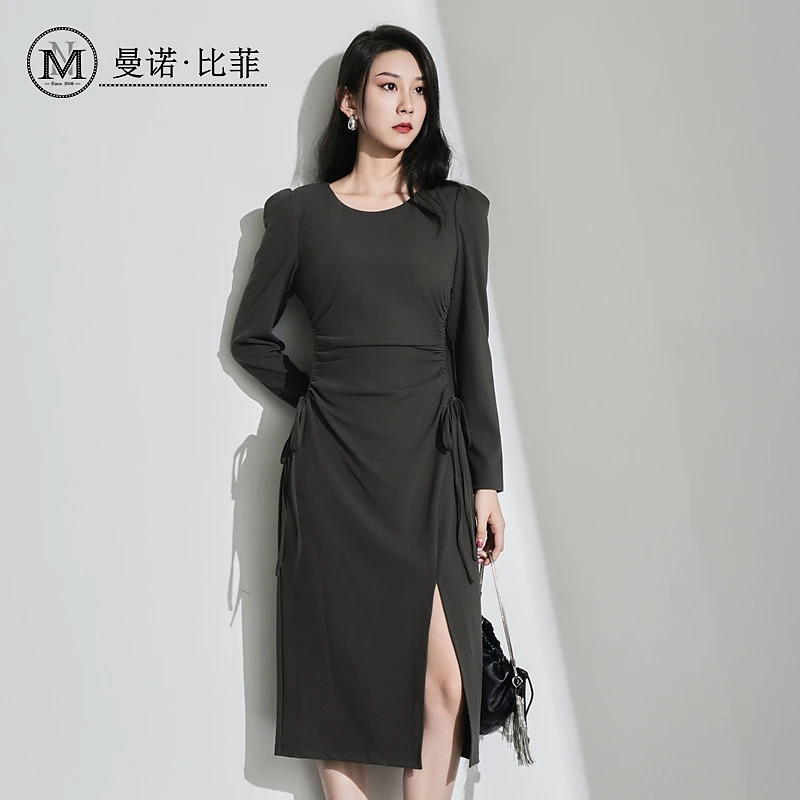 曼诺比菲商场同款秋季法式气质修身抽绳长袖连衣裙MEEL161008