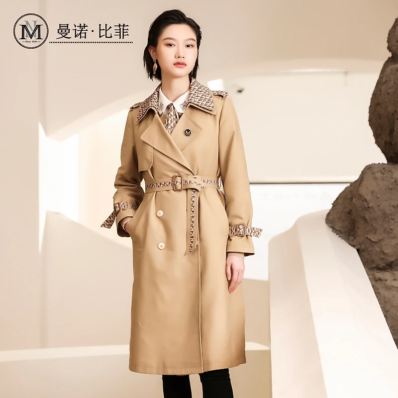 曼诺比菲商场同款秋季新款卡其色风衣外套女中长款MCHG134025