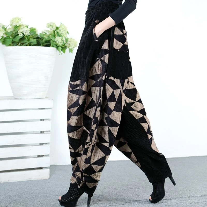 5511灯芯绒厚款拼接百搭休闲裤长裤秋冬女士哈伦裤宽松灯笼裤