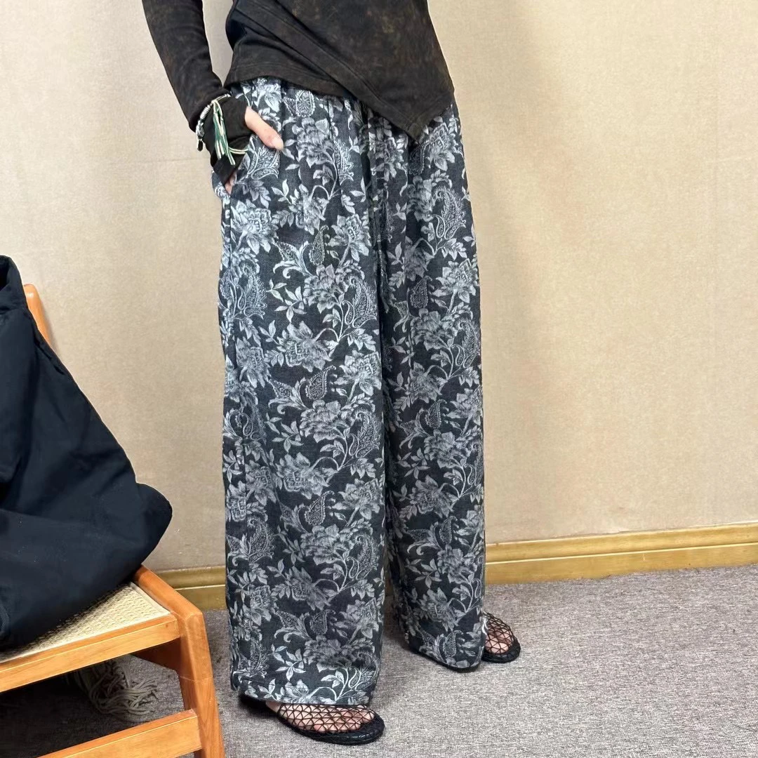 2024秋季新款复古印花百搭系带松紧腰麻料提花刺绣直筒长裤女