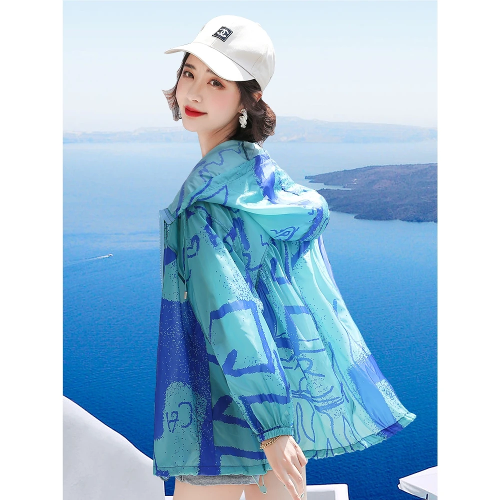 印花防晒衣女短款夏季薄款2025年新款长袖宽松透气冰丝外套防晒服