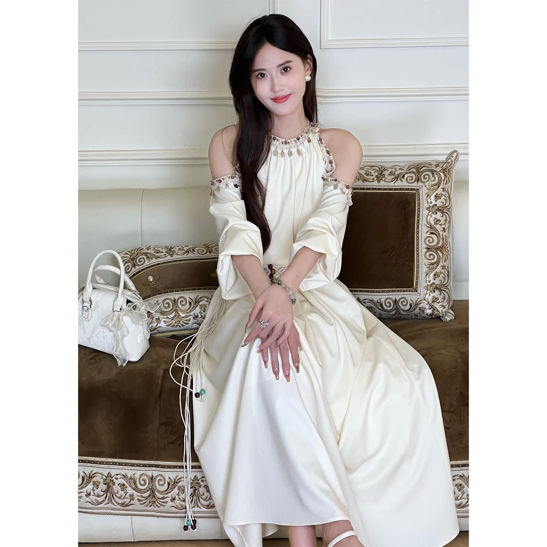 肖夫人吊带连衣裙长袖复古法式气质轻奢度假风Q526