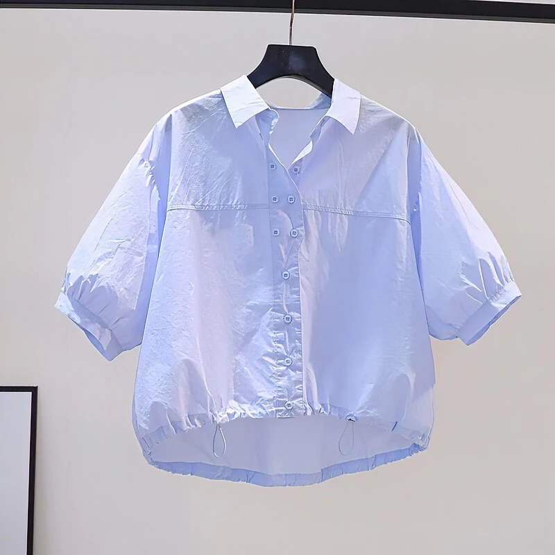纯棉衬衫女短款小个子2023夏季薄款下摆抽绳设计宽松灯笼袖衬衣
