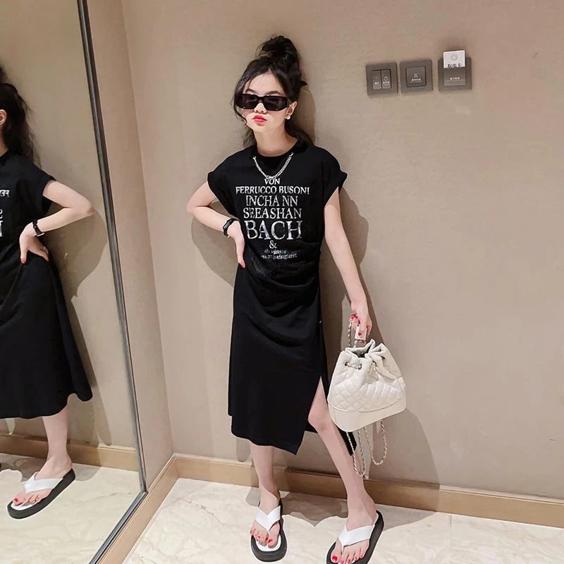 女童夏季黑色连衣裙夏装洋气裙子中大童修身儿童个性2024夏季新款