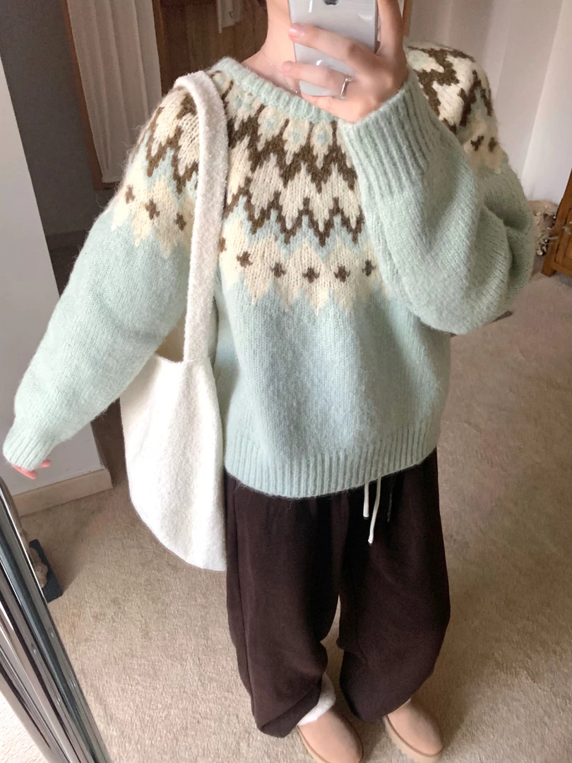 【Linxier】 韩系秋冬慵懒风圆领套头蒂芙尼蓝费尔岛毛衣女 A270