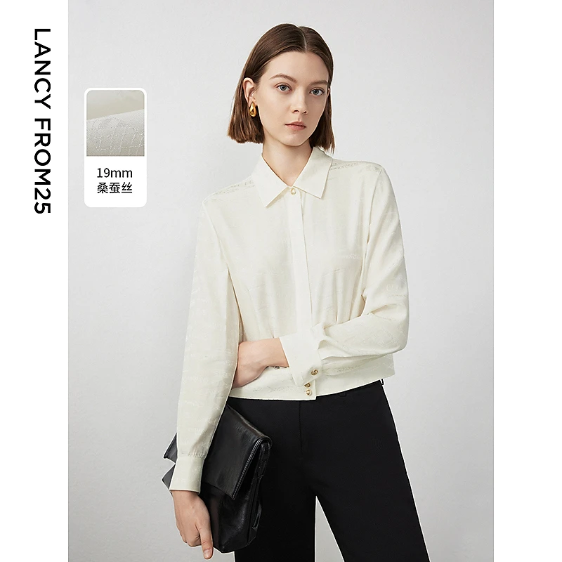 朗姿桑蚕丝法式polo领气质衬衫上衣女高级感白衬衣2024年春季新款