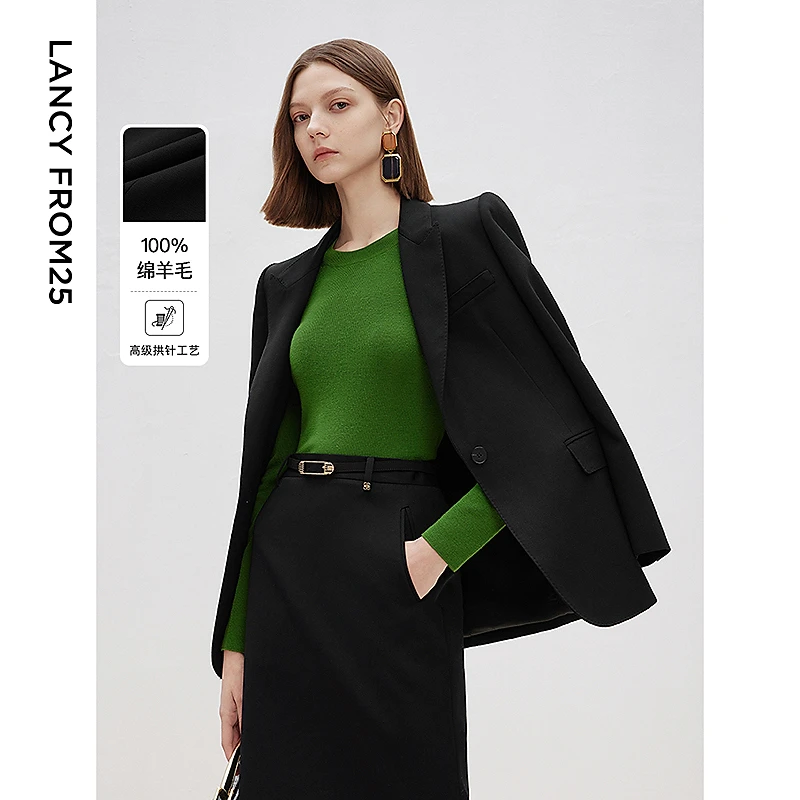 朗姿纯羊毛黑色正肩高级感西服外套职业正装2025春季新款气质西装