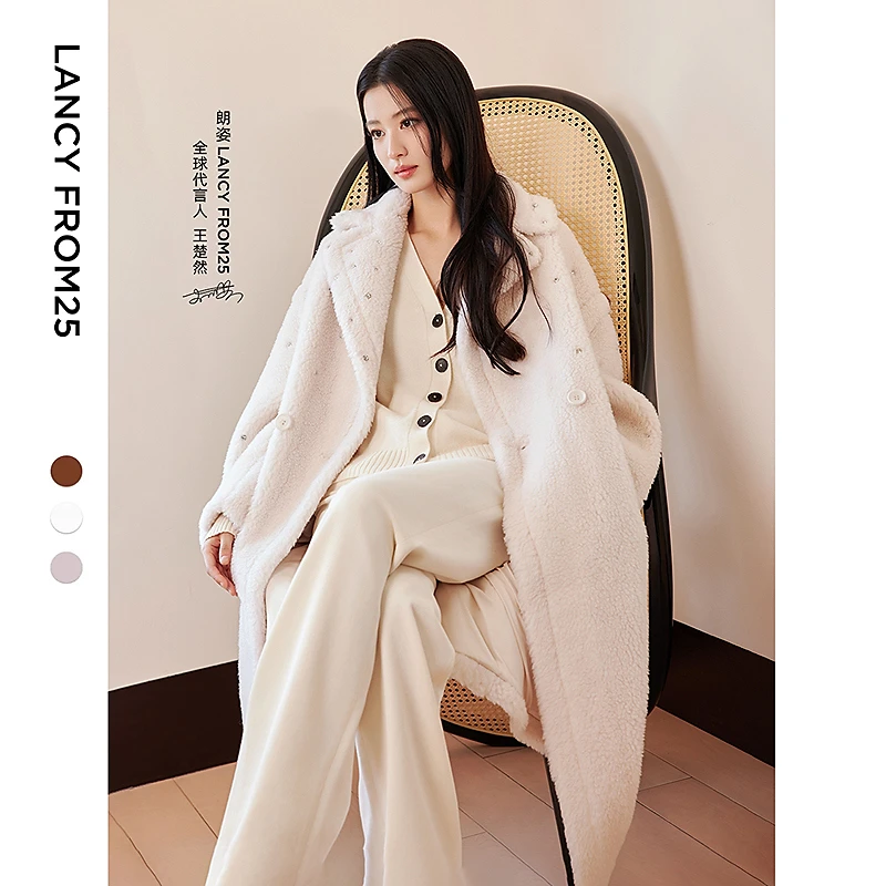朗姿时尚百搭典雅重工钉钻高级感大衣外套女2024年冬季新款仿皮草