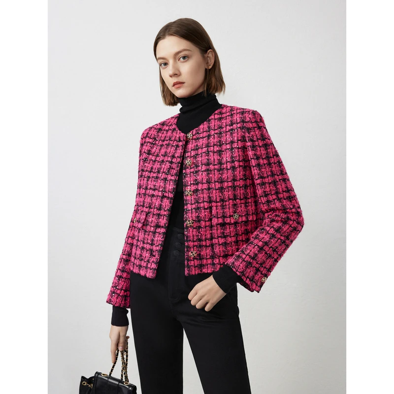 朗姿法式复古圆领外套高级感气质女2024年春季新款长袖通勤短外套