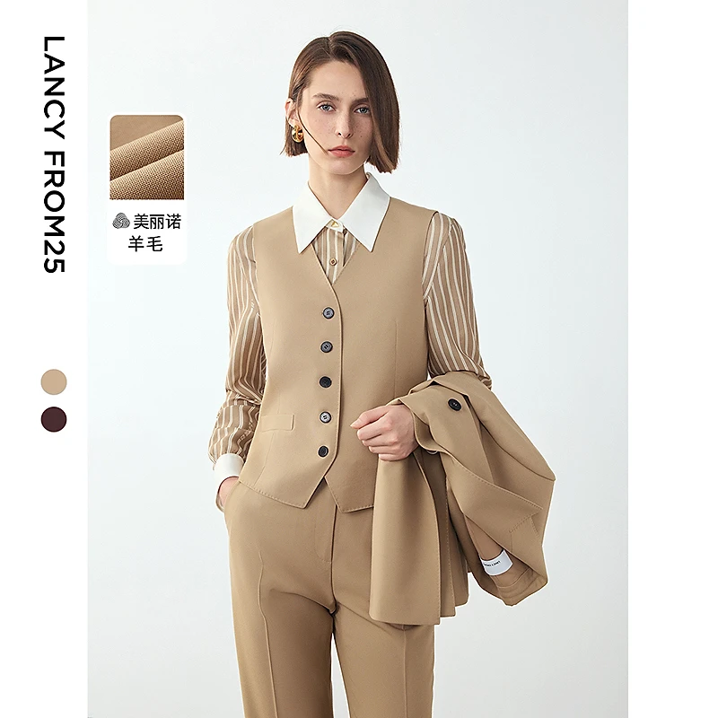 朗姿2024冬季新款纯羊毛高级感法式外搭叠穿气质职业西装马甲上衣