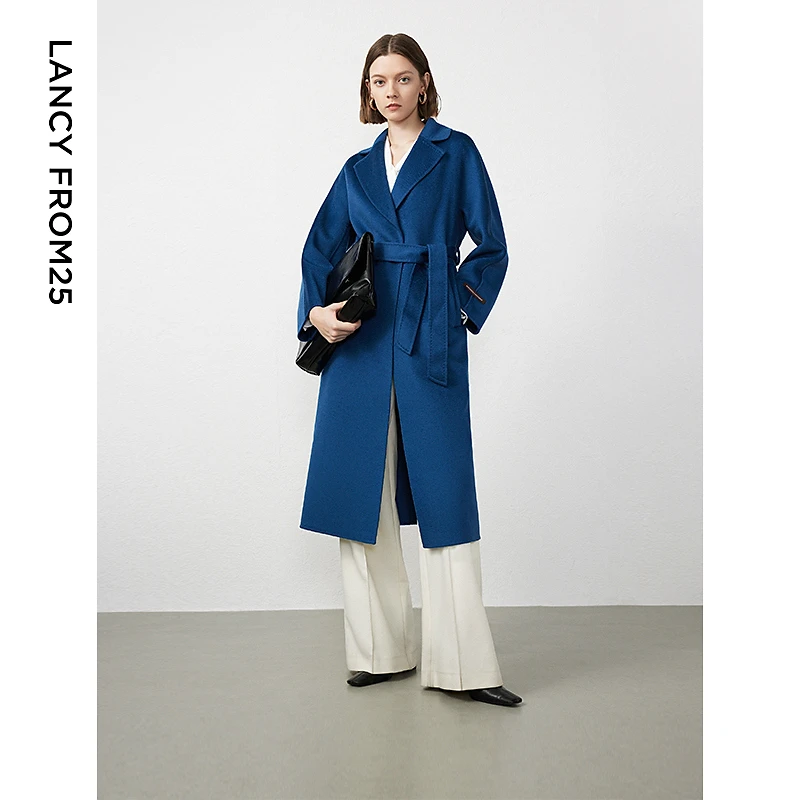 朗姿秋冬新款女装简约洋气中长款水波纹羊毛双面毛呢外套大衣