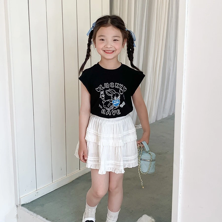 【新品】女童休闲洋气卡通无袖T恤儿童韩版甜美小飞袖背心上衣j021