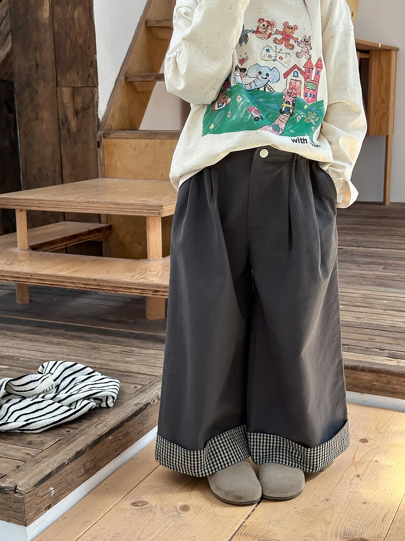 【现货已开价】裤子女童韩范时髦宽松休闲卷边格子直筒阔腿裤24X187