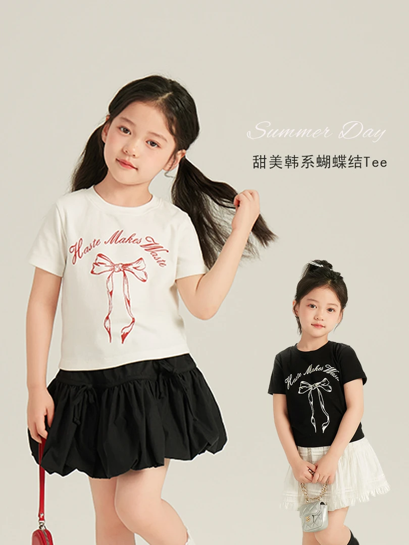 【新品现货】中大女童甜美蝴蝶结字母印花短袖T恤正肩上衣夏 24U154
