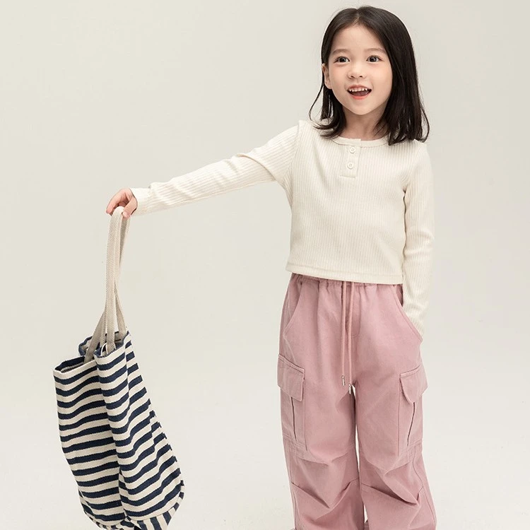 【现货】女童春装圆领坑条棉打底衫百搭修身上衣长袖T k0118