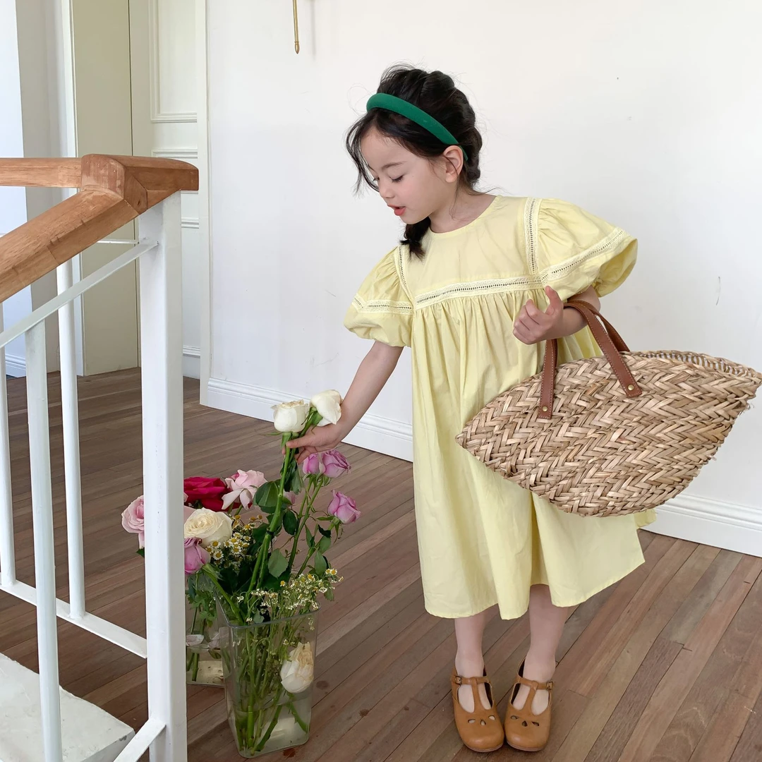【现货】女童镂空泡泡袖公主连衣裙 F055