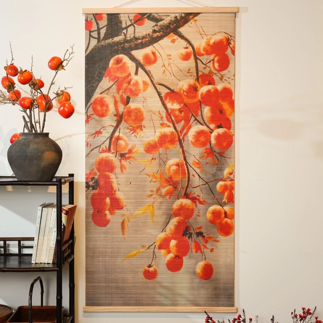 竹帘子竹片卷轴挂画复古梅兰竹菊名家柿柿如意画客厅玄关茶室装饰
